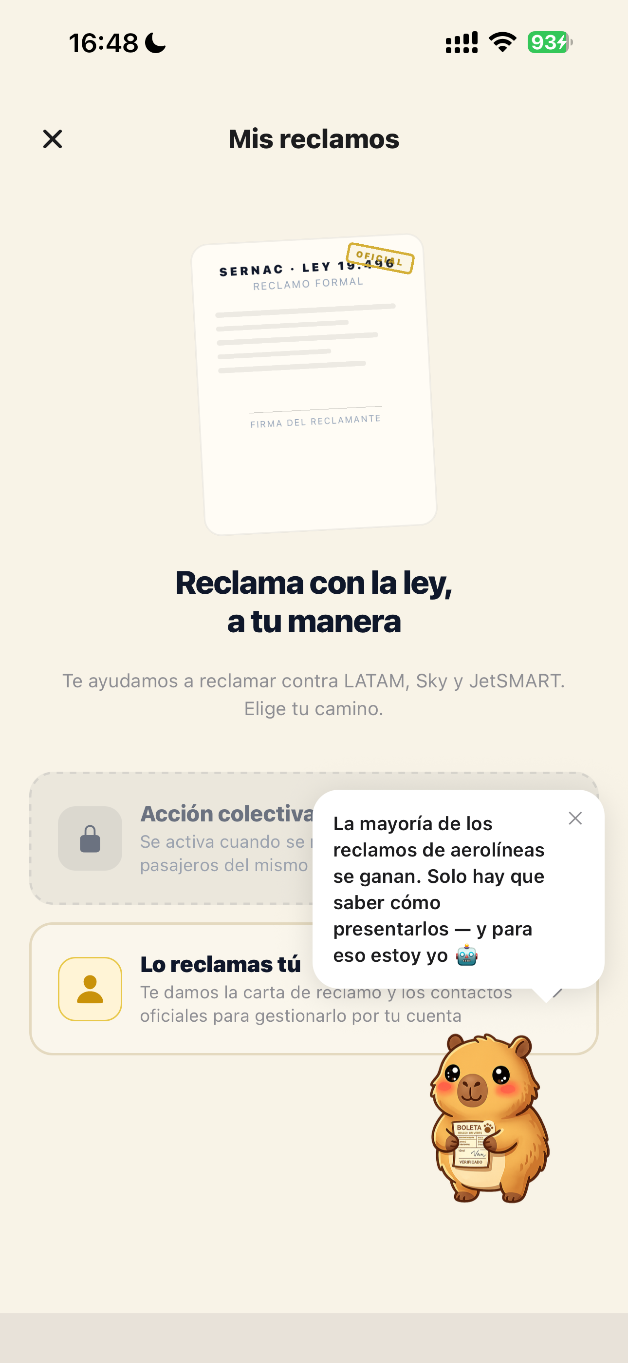 Pantalla Mis Reclamos de BoletIA: carta a SERNAC abierta y Capi (capibara asistente) sugiriendo que la mayoría de los reclamos contra aerolíneas se ganan
