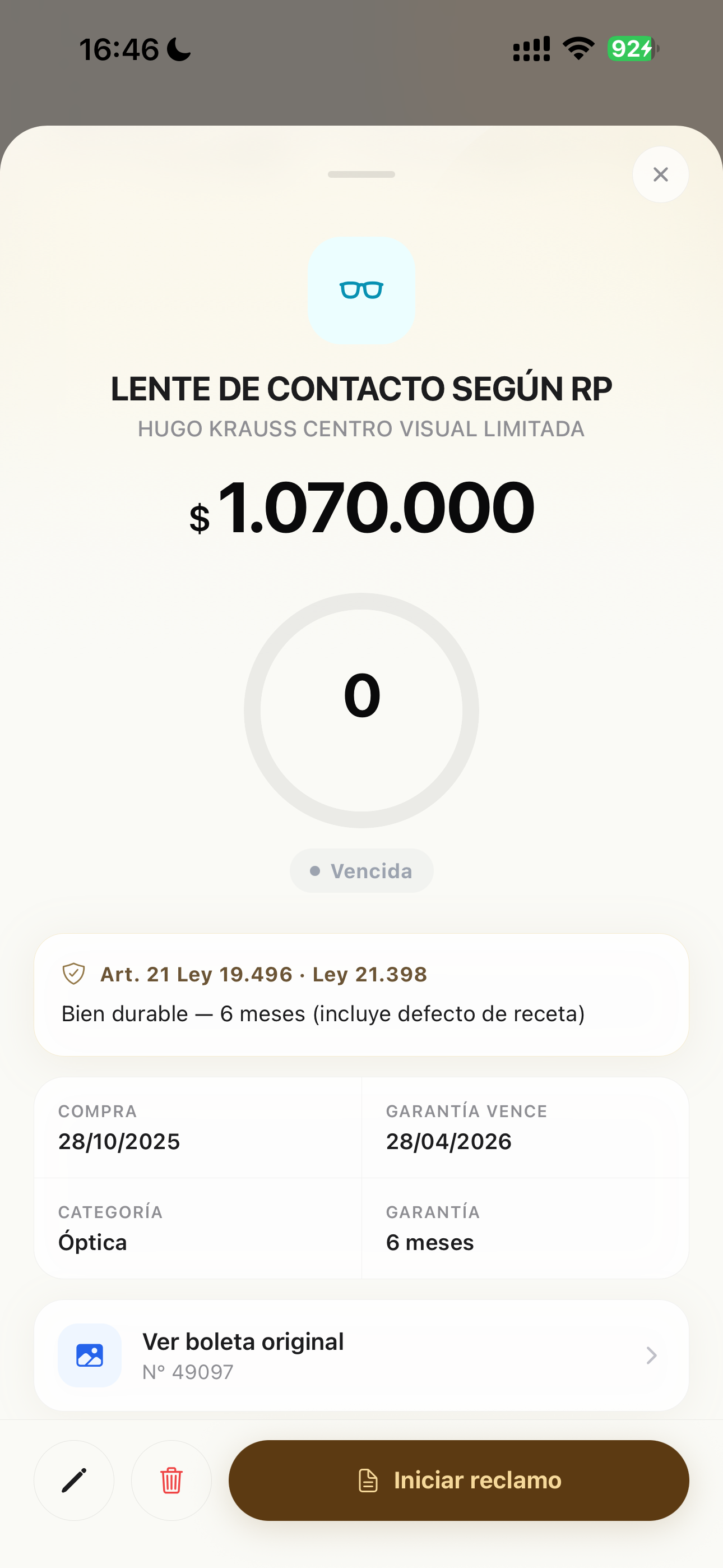 BoletIA detectando garantía Art. 21 Ley 19.496 en lente de contacto óptico: categoría Óptica, garantía 6 meses vencida, botón Iniciar reclamo